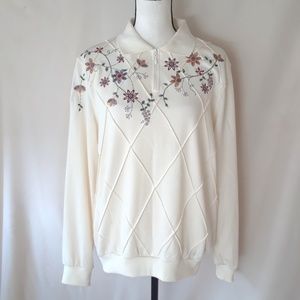 Alfred Dunner White Embroidered and Beaded Sweater
